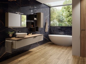 Meuble de salle de bains TOUCH 140 cm 2 tiroirs taupe mat et plan 1,8 cm chêne à nœuds