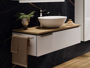 Meuble salle de bain TOUCH 90 cm avec 1 tiroir blanc brillant et plan 1,8 cm chêne noeuds