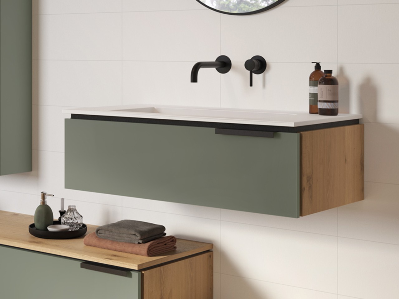Meuble Salle De Bain 90 Cm Avec Vasque à Poser Meuble sous-vasque TOUCH 90 cm 1 tiroir vert sauge mat flancs chêne