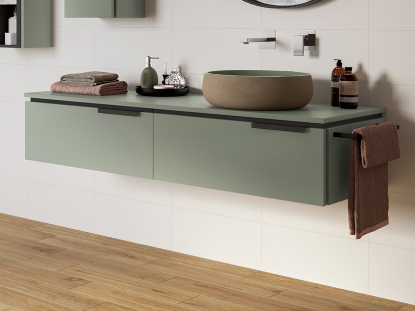 Meuble salle de bains TOUCH 140 cm 2 tiroirs top 1,8 cm vert sauge mat
