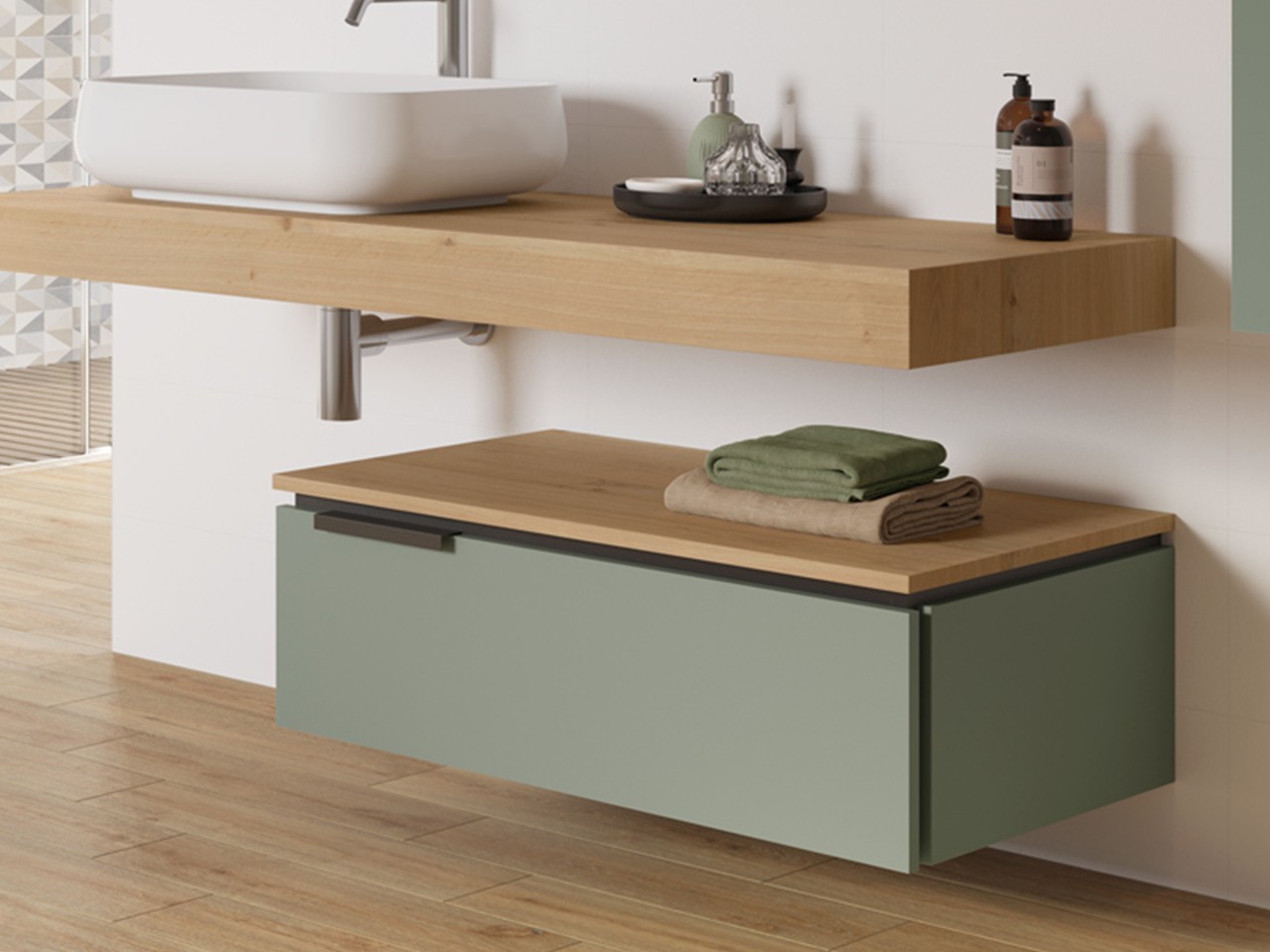 Meuble salle de bains TOUCH 90 cm 1 tiroir vert sauge mat top 1,8 cm