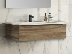 Meuble de salle de bains Trendy 90 cm noyer Belgravia et lavabo résine Hide blanc brillant