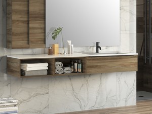 Meuble de salle de bains Trendy 190 cm noyer Belgravia 1 tiroir lavabo vasque droite Hide blanc brillant