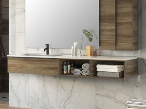 Meuble de salle de bains Trendy 190 cm noyer Belgravia 1 tiroir lavabo vasque gauche Hide blanc brillant