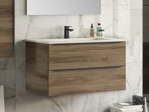 Meuble de salle de bains Trendy 90 cm noyer Belgravia 2 tiroirs et lavabo résine Hide blanc brillant