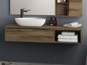 Badezimmerschrank Trendy 141 cm Nussbaum und mit Waschbeckenaufsatz zur Ablage Links