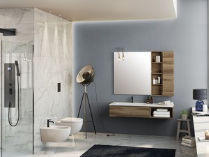 Meuble de salle de bains Trendy 141 cm noyer Belgravia lavabo Hide vasque gauche blanc mat