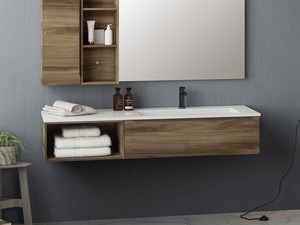 Badezimmerschrank Trendy 141 cm Nussbaum und mit Waschbeckenaufsatz zur Ablage Links