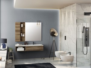 Meuble de salle de bains Trendy 141 cm noyer Belgravia lavabo Hide vasque droite blanc mat