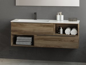 Meuble de salle de bains Trendy 141 cm noyer Belgravia 2 tiroirs lavabo résine Hide blanc mat vasque gauche