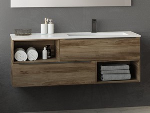 Badezimmerschrank Trendy 140 cm Belgravia Nussbaum mit 2 Schubladen Hide Kunstharz Weiß Glänzend Waschbecken Rechts