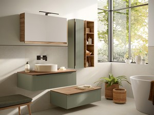 Badmöbel Trendy 90 cm Grün matt gerippt mit dünner Platte Nussbaum für Aufsatzwaschbecken
