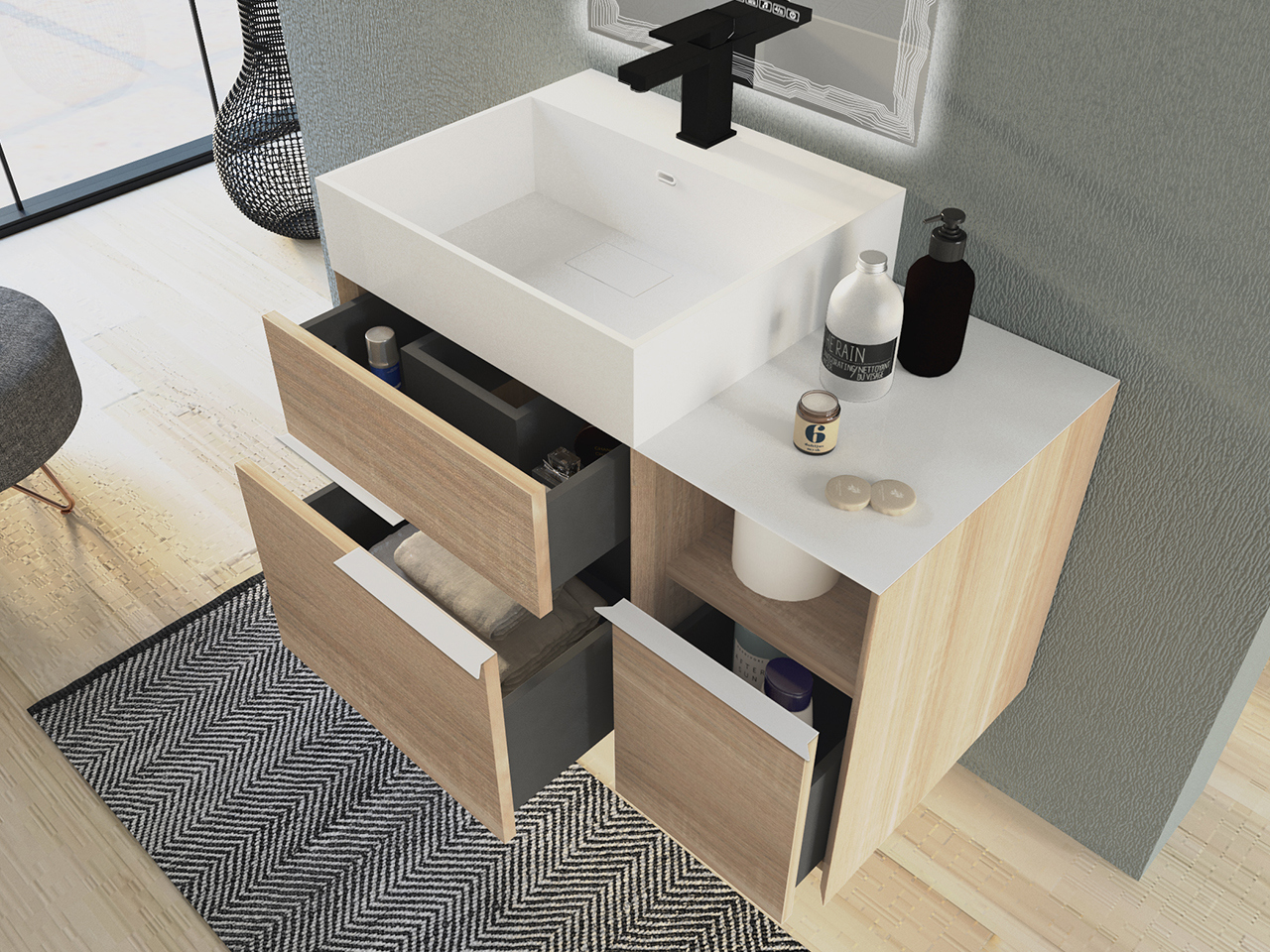 Meuble de salle de bains Tribeca 80 cm 2+1 tiroirs effet bois chêne