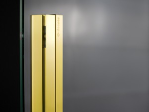 Douche à l’italienne Prizma porte coulissante 90 cm H195 ext. 88-90 cm verre 6 mm transparent profilés or brillant