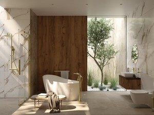 Douche à l’italienne Prizma porte coulissante 90 cm H195 ext. 88-90 cm verre 6 mm transparent profilés or brossé
