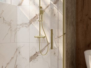 Douche à l’italienne Prizma porte coulissante 90 cm H195 ext. 88-90 cm verre 6 mm transparent profilés or brossé