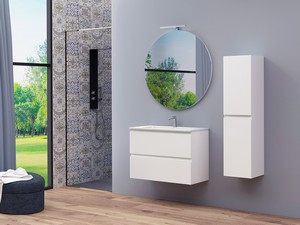 Meuble salle de bains gain de place MAREA 80 P38 cm 2 tiroirs avec lavabo en résine blanc brillant