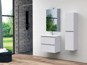 Meuble salle de bains gain de place MAREA 60 P38 cm 2 tiroirs gris mat avec lavabo en résine blanc brillant