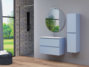 Meuble salle de bains gain de place MAREA 80 P38 cm 2 tiroirs bleu mat avec lavabo en résine blanc brillant