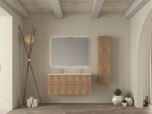 Meuble salle de bains FARO 120 cm cannelé chêne tabac et lavabo Unitop en céramique ANDY blanc brillant