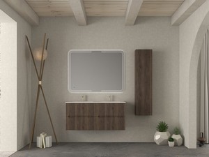 Meuble salle de bains FARO 120 cm cannelé noyer et lavabo Unitop en résine SLIM blanc brillant