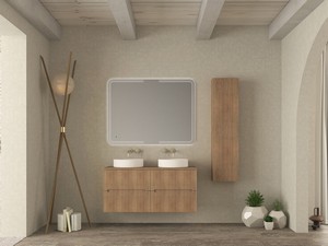 Meuble salle de bains FARO 120 cm cannelé chêne tabac avec plan pour vasque à poser