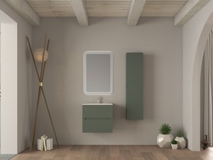 Meuble salle de bains FARO 60 cm cannelé vert mat et lavabo Unitop en céramique ANDY blanc brillant