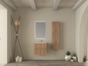 Meuble salle de bains FARO 60 cm cannelé chêne tabac et lavabo Unitop en céramique ANDY blanc brillant