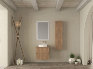 Meuble salle de bains FARO 60 cm cannelé chêne tabac avec plan pour vasque à poser