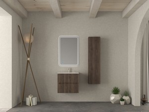 Meuble salle de bains FARO 60 cm cannelé noyer et lavabo Unitop en céramique ANIKA blanc brillant