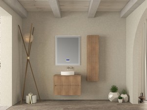 Meuble salle de bains FARO 80 cm cannelé chêne tabac avec plan pour vasque à poser