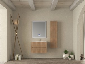 Meuble salle de bains FARO 80 cm cannelé chêne tabac et lavabo Unitop en résine HIDE P46 blanc mat