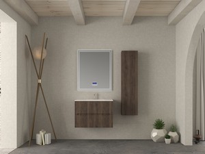 Meuble salle de bains FARO 80 cm cannelé noyer et lavabo Unitop en résine HIDE P46 blanc mat