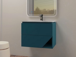 LUX L70 CM WALL-MOUNTED BATHROOM CABINET WITH 2 DRAWERS AND UNITOP RESIN WASHBASIN - PETROLEUM BLUE FINISH