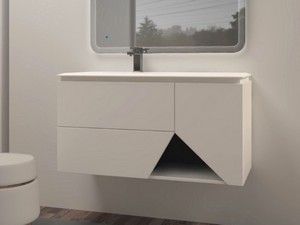 Hängebadmöbel LUX L106 cm mit 2 Schubladen, 1 Tür und Unitop-Waschbecken aus Harz – Ausführung Weiß matt
