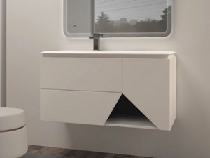 Meuble salle de bains LUX L106 cm sur pieds avec 2 tiroirs, 1 porte et lavabo Unitop en résine - finition blanc mat