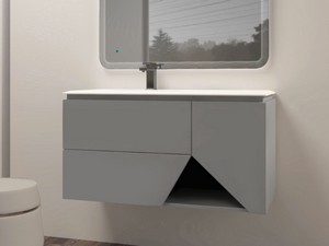 Meuble salle de bains LUX L106 cm suspendu avec 2 tiroirs, 1 porte et lavabo Unitop en résine - finition gris mat