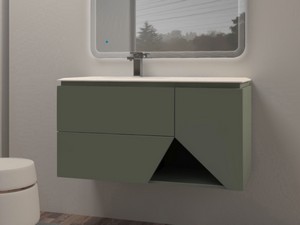 Meuble salle de bains LUX L106 cm suspendu avec 2 tiroirs, 1 porte et lavabo Unitop en résine - finition vert mat