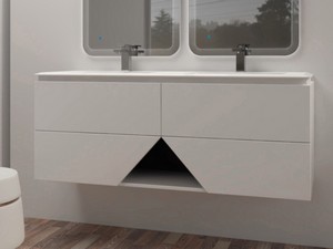 Hängebadmöbel LUX L140 cm mit 4 Schubladen und Unitop-Doppelwaschbecken aus Harz – Ausführung Weiß matt