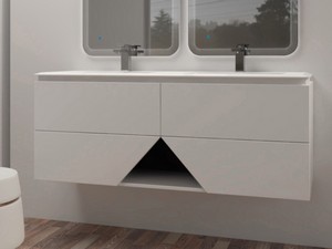 Mobile Bagno LUX L140 cm sospeso con 4 Cassetti e Lavabo Unitop Doppia Vasca in Resina - finitura Bianco Opaco