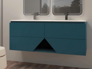 Meuble salle de bains LUX L140 cm suspendu avec 4 tiroirs et lavabo Unitop double vasque en résine - finition bleu pétrole mat