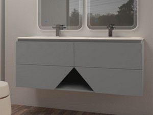 Meuble salle de bains LUX L140 cm suspendu avec 4 tiroirs et lavabo Unitop double vasque en résine - finition gris mat