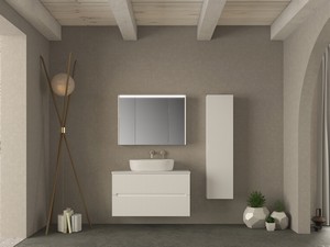 Meuble salle de bains FARO 100 cm cannelé blanc mat avec plan pour vasque à poser