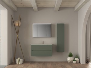 Meuble salle de bains FARO 100 cm cannelé vert mat et lavabo Unitop en résine HIDE P46 blanc mat