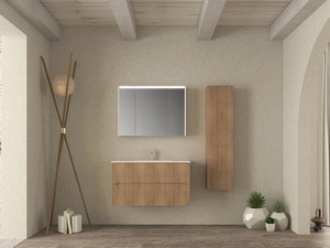 Meuble salle de bains FARO 100 cm cannelé chêne tabac et lavabo Unitop en résine HIDE P46 blanc brillant