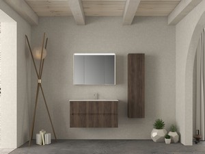Meuble salle de bains FARO 100 cm cannelé noyer et lavabo Unitop en résine HIDE P46 blanc mat