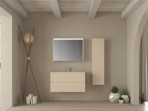 Meuble salle de bains FARO 100 cm cannelé blanc coton et lavabo Unitop en résine HIDE P46 blanc brillant