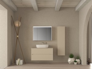 Meuble salle de bains FARO 100 cm cannelé blanc coton avec plan pour vasque à poser