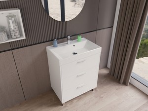 Meuble salle de bains GARDENIA L70 cm sur pieds avec 3 tiroirs et lavabo Unitop en résine - finition blanc brillant