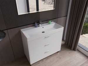 Meuble salle de bains GARDENIA L100 cm sur pieds avec 3 tiroirs et lavabo Unitop en résine - finition blanc brillant